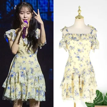 KPOP UI Lee Ji Eun vara noi sifon dantela de îmbinare fără bretele sling florale rochie femei Streetwear petrecere sexy talie mini rochii