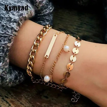 Kymyad ( 4buc /set) Brățară Pentru Femei Bijoux Culoare de Aur, Brățări de mână Multistrat Lanturi Bratari Simulate Perla Brățară