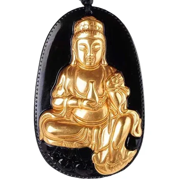 KYSZDL Moda aur pur de culoare+ naturale obsidian negru sculptură Guanyin pandantiv bărbați și femei amuleta de cristal bijuterii dropshipping