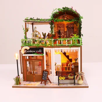 LED Rainbow Cafea, mobilier casa papusa diy casă de păpuși din lemn diy casa papusa in miniatura mobilier casă de păpuși pentru copii puzzle Jucării cadou