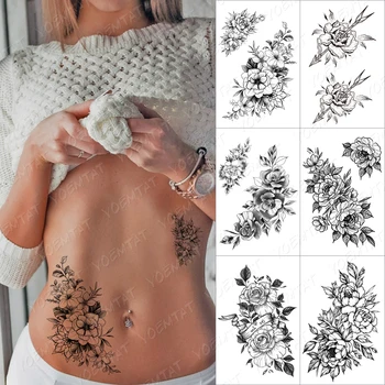 Linii De Trandafiri Șarpe Flori Tatuaj Temporar Autocolant Pentru Barbati Femei Adulte Bujor Impermeabil Fals Henna Vechi De Școală Tatuaj Body Art De