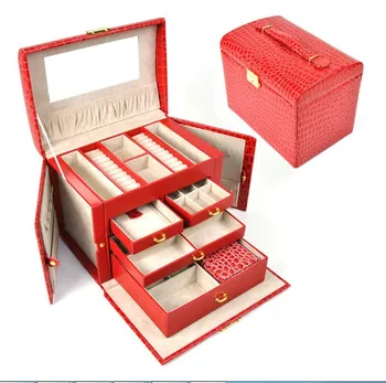 Livrare gratuita Mare de 4 strat spațiu de lux pu caseta de bijuterii,cercei colier pandantiv bijuterii display raft de ambalare roșu cutie de cadou