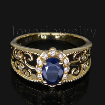 LOVERJEWELRY Vânzare Fierbinte Oval 5x7mm Albastru Safir Inel Cu Diamante Pentru Femei Barbati Solid Aur Galben 14Kt WU018