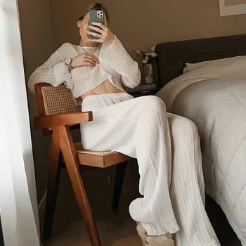 Maneca Lunga, Pijamale Set Gât Rotund Dungă Albă Cămașă Pantaloni, Îmbrăcăminte De Noapte De Somn Costum De Haine De Acasă Sexy Casual Șifon Sleepwear