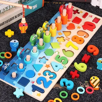 math joc meci de bord Montessori Math Jucării Pentru Copii mici Educative Puzzle din Lemn Pescuit Jucării Conta Numărul de Potrivire Forma