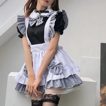Menajera Cosplay Uniforma Alb-Negru Carouri Femei Rochie Stil Japonez Adolescentă De Halloween Lolita Goth Costum Drăguț Minunat
