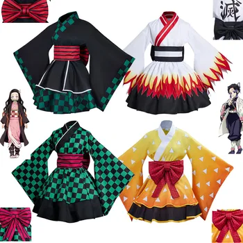 Menajera Fusta Kimono Costum Demon Slayer Kamado Tanjir Agatsuma Zenitsu Hashibira Inosuke Cosplay Costum Halloween Adulti Femeie