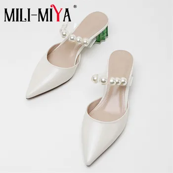 MILI-MIYA Nou Design pentru Femei Ciudat Stil de Catâri de Agrement a Subliniat Deget de la picior de Vacă din Piele de Perle Încrustate de Alunecare pe Papuc de Vara Wild Pantofi