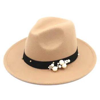 Mistdawn Femei Doamnelor Amestec de Lână Pălărie Panama Margine Largă Pălărie Trilby Capac Margele Floare Negru Banda Elastica Marimea 56-58cm