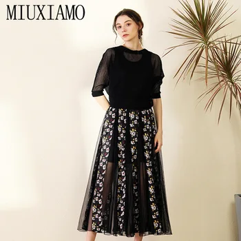 MIUXIMAO Mai buna Calitate 2020 Birou Doamnă SpringTwinset Elegant Jumătate Maneca Top Negru+Flori Rochie de Imprimare de Costume de Lux pentru Femei Vestido