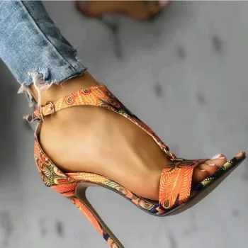 MKKHOU Sandale de Moda pentru Femei Nou Pantofi de Vara Simplu T-în formă de Centură Pânză Tweed Stiletto de 10 cm Toc Înalt Pantofi Deschise