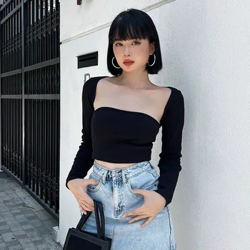 Moda coreeană Femeie Haine de Toamna Noi 2022 Pătrat Guler Pulover Maneca Lunga Buric Expuse Casual pentru Femei de Moda de Top T-shirt