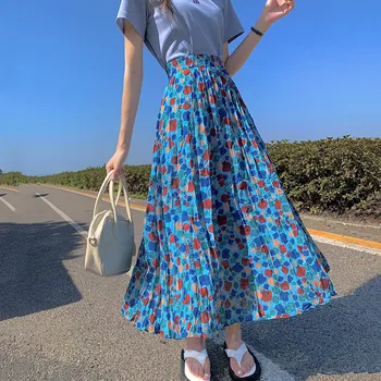 Moda Coreeană Imprimare Femei Fusta Plisata Liber O-Linie Elegant Doamnelor Elastic Talie Midi Dulce Mult Fusta Roz 2022 Vara