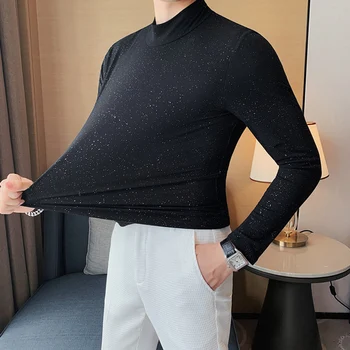 Moda Coreeană Pulbere Dot Imprimare Maneca Lunga Slim T Cămașă Bărbați De Înaltă Elastic Topuri Tricouri