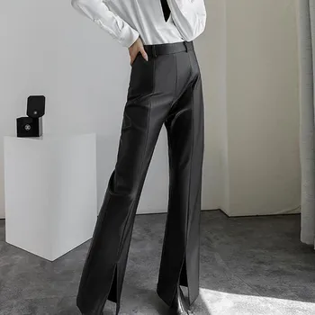 Moda, Design de Lux Femei Negru Clasic PU Pantaloni din Piele de Înaltă Calitate Split Slim Flare Pantaloni s1788