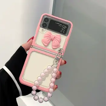 Moda Drăguț Roz Dulce Bowknot Dragoste Inima de Cristal Margele Brățară Lanț de Mână Caz Acoperire Pentru Samsung Galaxy Z Flip 4 3 Flip3 5G