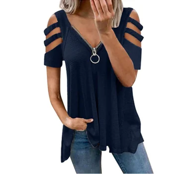 Moda pentru femei Maneci Scurte cu Fermoar Tricouri Largi Culoare Solidă V-Neck de Pe Umăr Doamnelor Topuri Plus Dimensiune