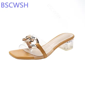 Moda PVC Lanț de Aur Femei Pantofi de Vara Toc Pătrat Peep Toe Papuci de mică adâncime Sandale Zapatillas Casa Mujer Sapatos Femininos