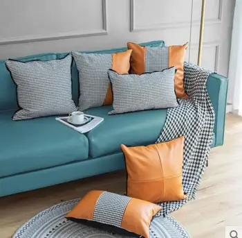 Modelul minimalist Modern canapea cameră pernă houndstooth orange din piele de cusut model de cameră față de pernă