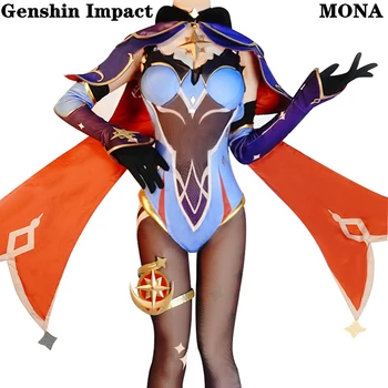 Mona Cosplay Fierbinte Joc Genshin Impact Costum Anime Sexy Femei Salopeta Pălărie Arc Mantie Colanti Accesorii Proiect de Halloween Set