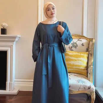 Musulman Femei de Moda Hijab Rochie Islamice arabe dungă Abaya Dubai Maneca Lunga cu centura Eid Mubarak turc Haine Modeste
