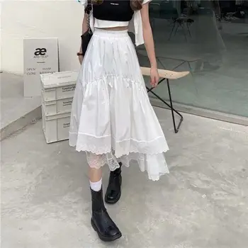 Negru Dantelă Gotic Împletit Neregulate Fusta Plisata Femei Albe Epocă Talie Inalta Fusta Lunga Coreean Solid Hip Hop Streetwear 