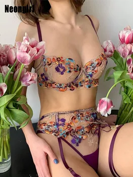 Neongirl Floare Broderie Dantela Două Piese Bikini Jartiere Underwire Sutien+Chiloti Lenjerie De Corp Lenjerie Bordo Contrast De Culoare 2022