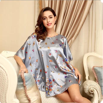 Noi Satin De Mătase Nightgwon Plus Dimensiunea Femei Sexy Cămașă De Noapte Fluture De Imprimare Vara Sleepshirts Batwing Maneca Pijamale Dress