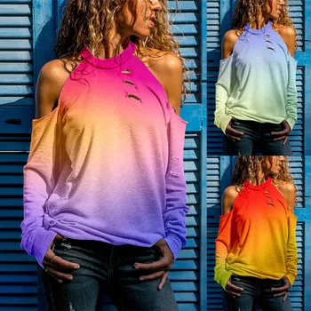Noua Moda Gradient Print de Pe Umăr Bluza Femei Sexy Decrosata Gol Maneca Lunga O Gât T Shirt Doamnelor Gotic Y2K Haine