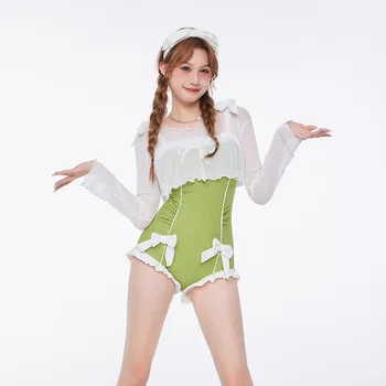 O singură Bucată costume de Baie Sexy Pur Bluza cu Sutien Pad Casual Maneca Lunga, costume de Baie coreean Verde Piept Mic de Primăvară Fierbinte Dulce Costum
