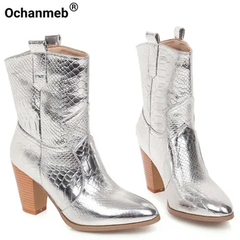 Ochanmeb Femeie Din Piele De Crocodil De Argint Cizme Indesata Mare Pantofi Cu Toc De Aur Vest Cizme De Cowboy Fermiera Pantofi De Iarnă De Mari Dimensiuni 47