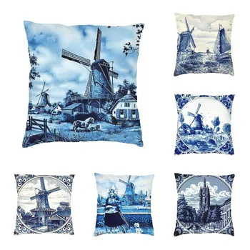 Olandeză Albastru Delft Epocă Morile de vânt Ferma de Imprimare Capac Pernă Peisaj Catifea Moale de Lux Arunca Pernă de Canapea Decor Acasă