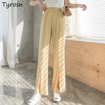 Pantaloni Casual Femei Design Fata-slit Solid Elegant Respirabil Talie Elastic Direct Pantaloni de Moda coreeană Pantaloni Largi de sex Feminin