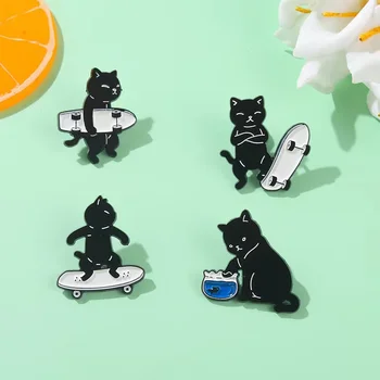Personalizat Pisica Neagra Email Ace Drăguț Skateboarding Animal Broșe Rever Insigne Haine Rucsac Bijuterii Cadou Pentru Prietenii En-Gros