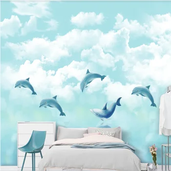 Personalizate de mare tapet mural Nordic mână-pictat desene animate ocean de nori gol nor delfin camera copiilor peretele din fundal