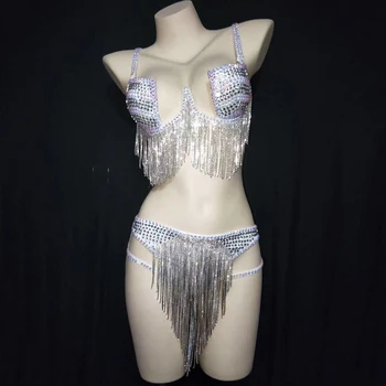 Pietre strălucitoare Ciucure Curea de Spaghete Sexy Bikini Set Pentru Femei Bar DJ Îmbrăcăminte Costum de Scena Club de noapte Bal Poartă