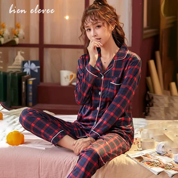 Pijamas Femei Carouri Imprimate Pijamale pentru Femei Casual Acasă-Îmbrăca Butonul Cardigan Rosu cu Buzunar