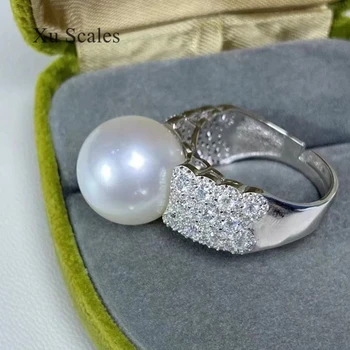 Plin de Diamant Zircon Natural Înconjurător Apă Proaspătă 13-14mm Perle Albe de Lux, Atmosfera Inel S925 Argint Bijuterii Cadou