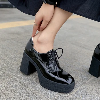 Pompe De Platforma Femei Dantela-Up Piele Naturala De Primavara Toamna Pantofi Simpli Pătrat Cu Toc Fete De Moda Încălțăminte