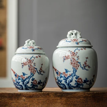 Porțelan albastru și Alb Cutie de Ceai de Flori și de Păsări Ceramice Bomboane Borcan cu Capac Delicate Vaza Decorativa de Bucatarie Container de Depozitare