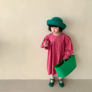 Primăvară Copii Fete Drăguț Rochie De Îmbrăcăminte Coreeană Vrac Solid De Culoare Puff Maneca Lunga De Bumbac Vrac Rochie De Printesa Pentru Copii Haine