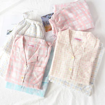 Primăvară Japoneză Toamna Cupluri Pijama 100% Bumbac, Cu Mâneci Lungi Carouri Haine De Acasă Confortabil Două Piese Costum Femei Pijamale