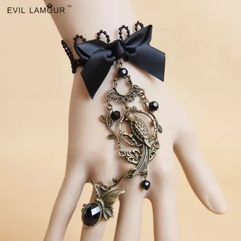 Printesa lolita goth, gotic bijuterii de Moda de epocă regal, arcul de cristal brățară de dantelă neagră cu rring o bucată de lanț WS-268