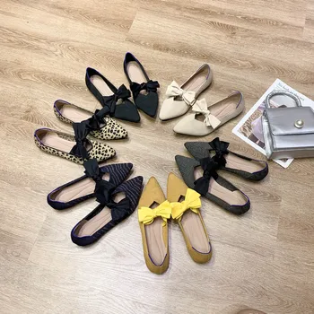 Printesa Pantofi Unic de Pantofi pentru Femei Nou Arc Plat Super Moale Tricotate Subliniat Toe Țesute Beanie Pantofi Lolita Pantofi Balerini