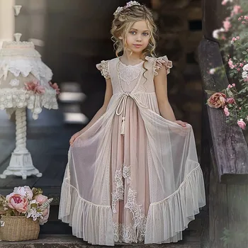 Printesa Roz Floare Fata Rochii Dantela Două Bucăți Prințesă Ziua De Naștere Petrecere De Nunta Rochii De Fată Elegant Copii Drăguț Rochii Comuniunea