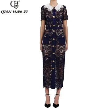 Qian Han Zi Designer de Moda Subțire Dantelă Rochie de vara broderie ajurata butonul centura slim bodycon rochie pentru femei