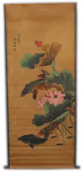 Rare Mână-pictat QingDyansty Chineză axa verticală picturi,înot Pește iaz de lotus,trase de mână, transport gratuit
