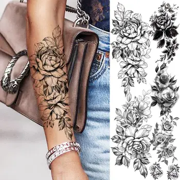 Realist Negru Bujor Flori Tatuaje Temporare Pentru Femei Adulte Fata Geometrice A Crescut Fals Tatuaj Body Art Decor Tatuaje Hârtie