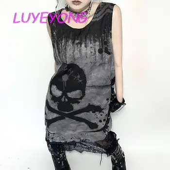 Rock Coreean Dresss Sus Y2k Fata Pierde O De Gât În Aer Liber Japoneză Bretele Gotic Craniu De Femeie De Imprimare Gri Lung Camis 2022 Vara