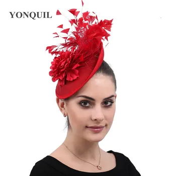 Roșu Fascinator Pene Chapeau Derby Nunta Accesorii Pentru Femei Elegante Flori Doamnelor Pălării Clipuri Și Cu Bandă De Susținere